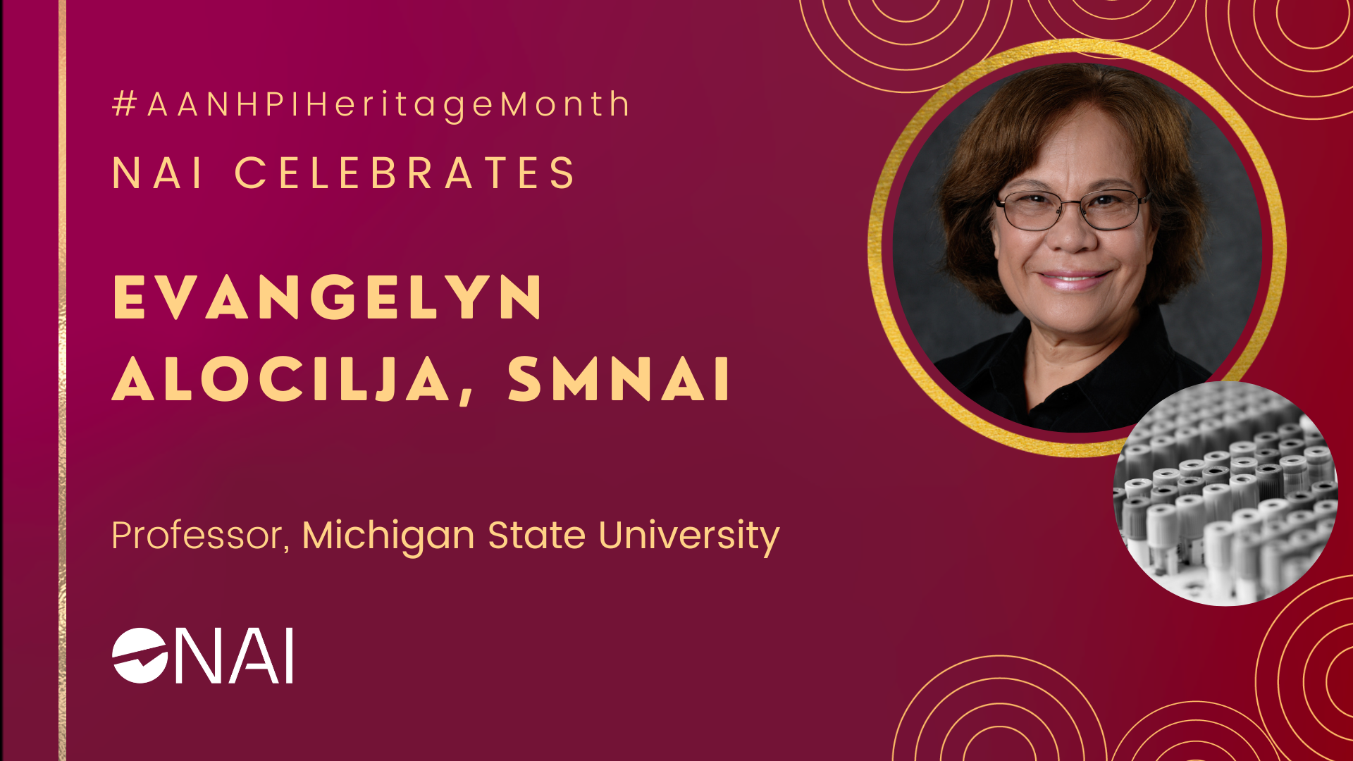 A graphic shows headshot of Evangelyn Alocilja, SMNAI, with the text “#AANHPIHeritage Month NAI celebrates Evangelyn Alocilja” followed by “Professor, Michigan State University”.