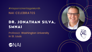 A graphic with the text “N.A.I. celebrates Dr. Jonathan Silva, S.M.N.A.I. Professor, Washington University in St. Louis.” It includes the headshot for Dr. Silva and the hashtag for Hispanic Heritage Month.