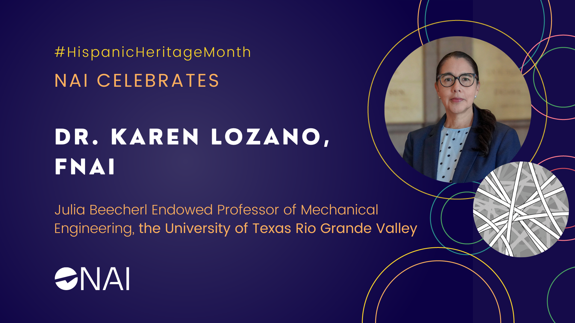 A graphic with the text “N.A.I. celebrates Dr. Karen Lozano, F.N.A.I. Julia Beecherl Endowed Professor of Mechanical Engineering, the University of Texas Rio Grande Valley.” It includes the headshot for Dr. Lozano and the hashtag for Hispanic Heritage Month.