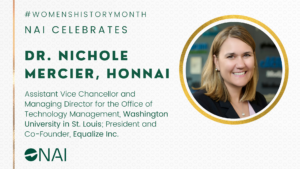 A graphic with the text N.A.I. celebrates Dr. Nichole Mercier, HonN.A.I., Assistant Vice Chancellor and Managing Director for the Office of Technology Management, Washington University in St. Louis; President and Co-Founder, Equalize Inc. It includes the headshot of Dr. Mercier, the hash tag for Women's History Month, and the N.A.I. logo.